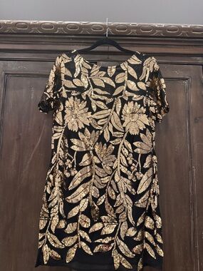 Maeve Black Mini Dress with Gold Floral Sequin Appliqué